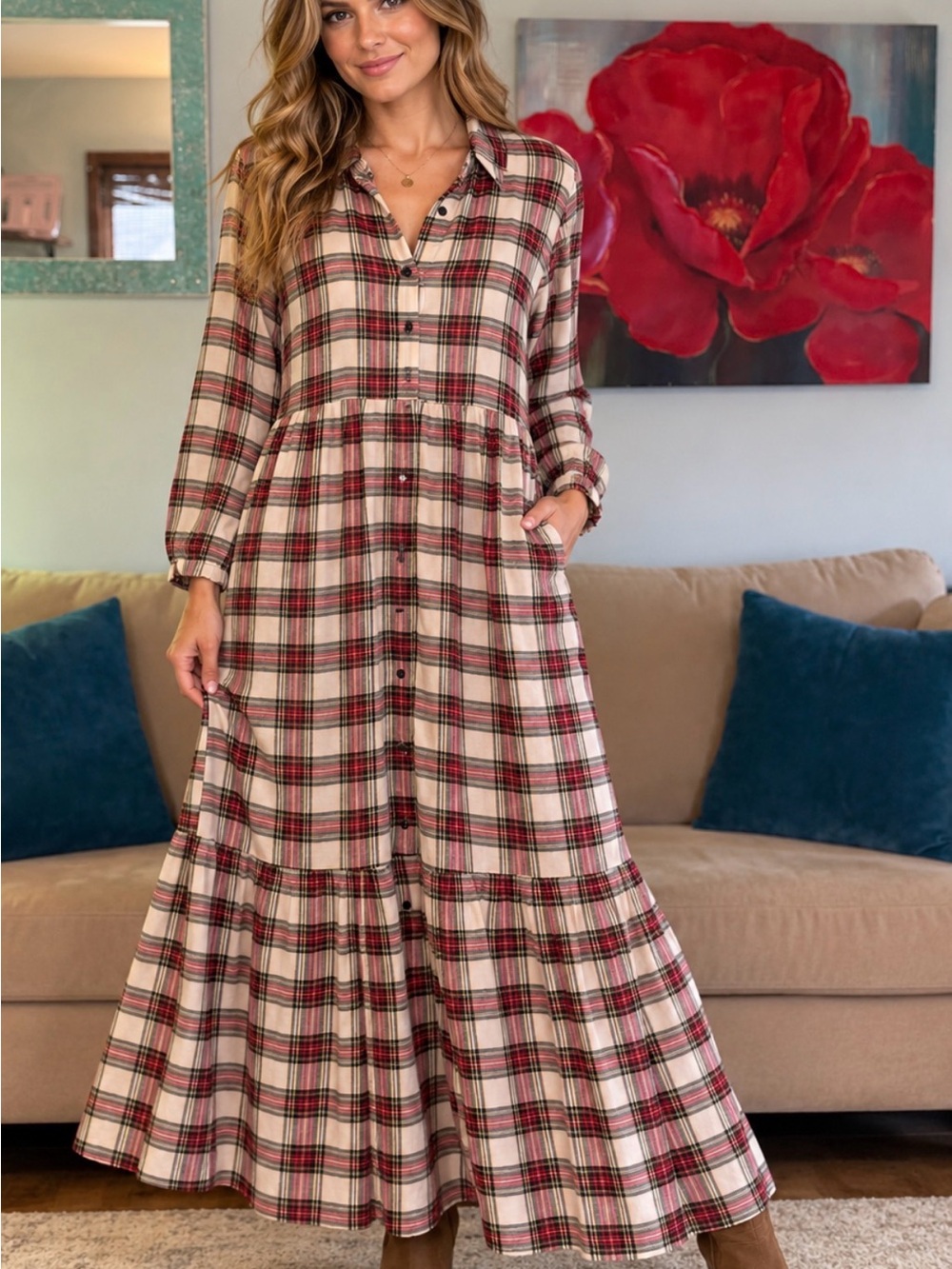 Mango MNG Plaid Collared Button-Front Shirt Maxi Dress Red/Cream/Black S/M